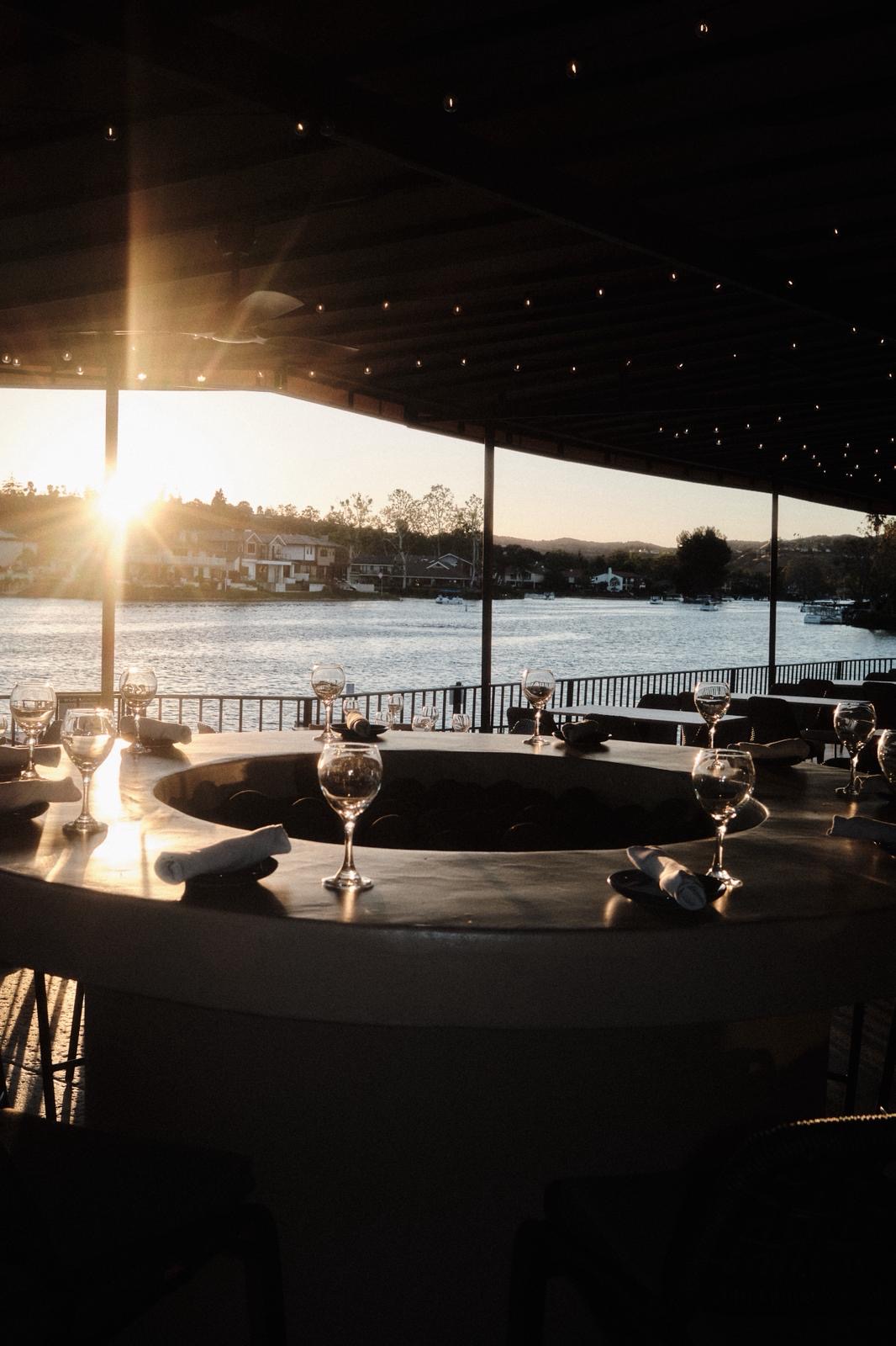 Lakefront dining at sunset at Yār on the Lake in Westlake Village
