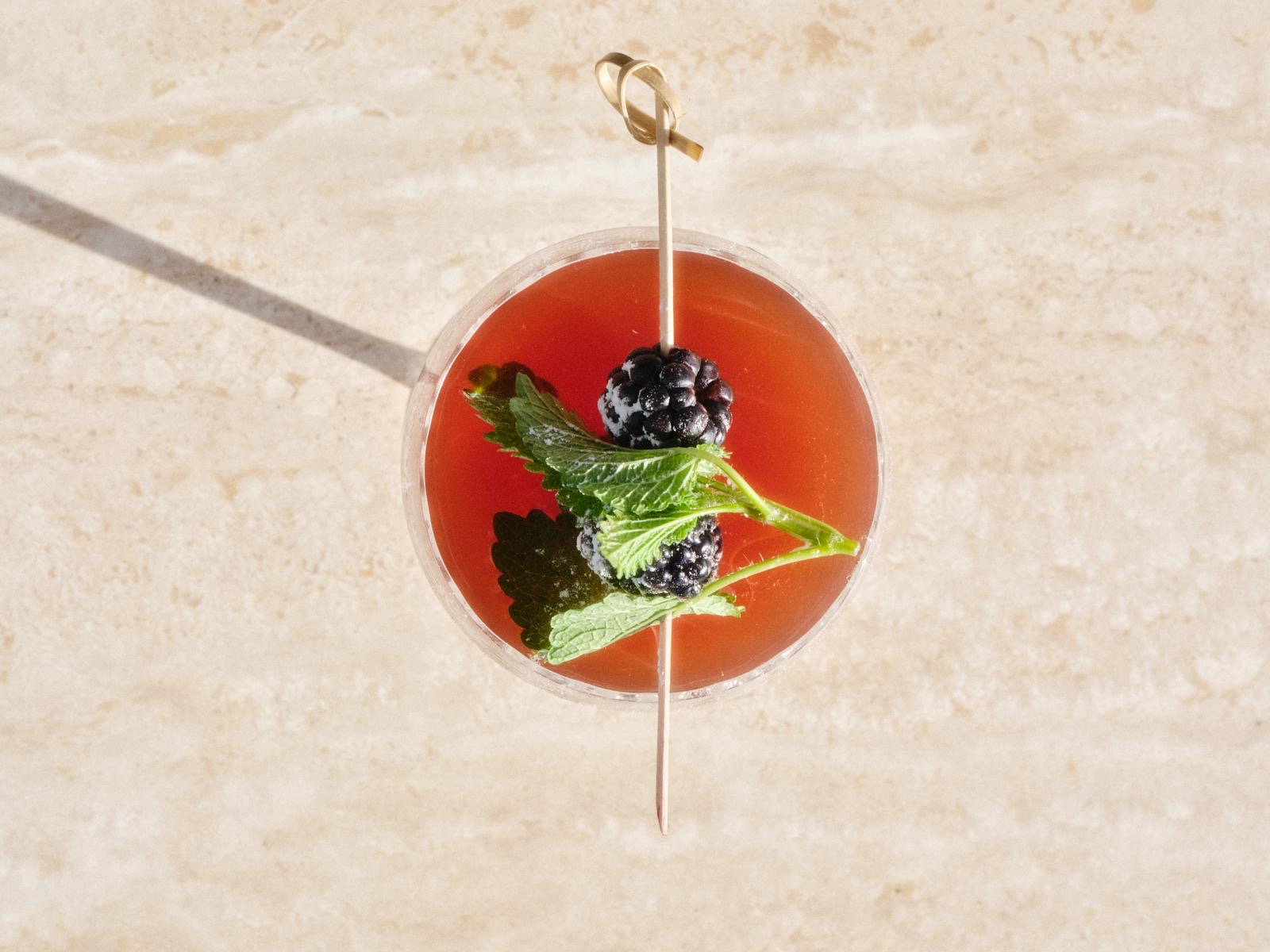 Berry cocktail with blackberries and mint garnish at Yār on the Lake
