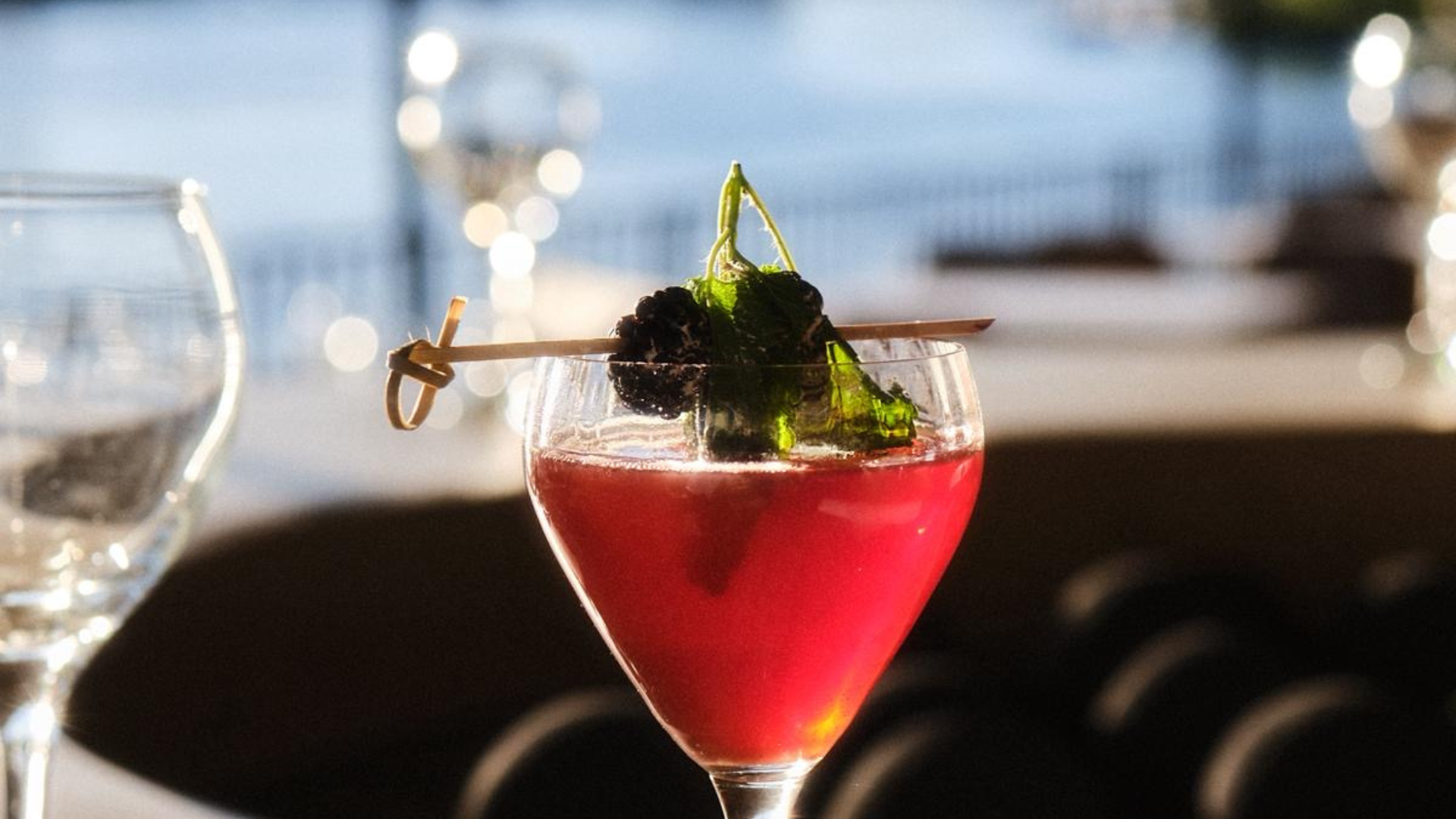 Blackberry mint cocktail at Yār on the Lake with waterfront dining view