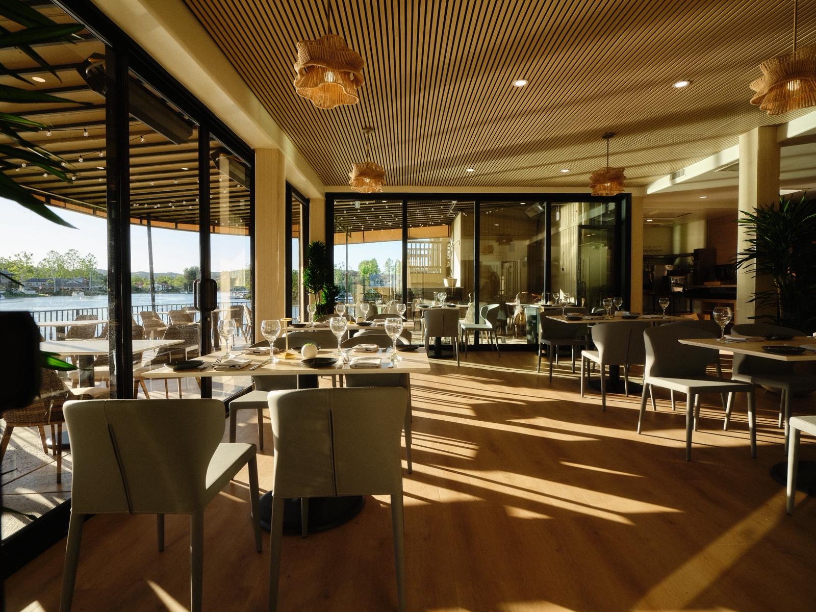Modern Mediterranean restaurant interior at Yār on the Lake in Westlake Village