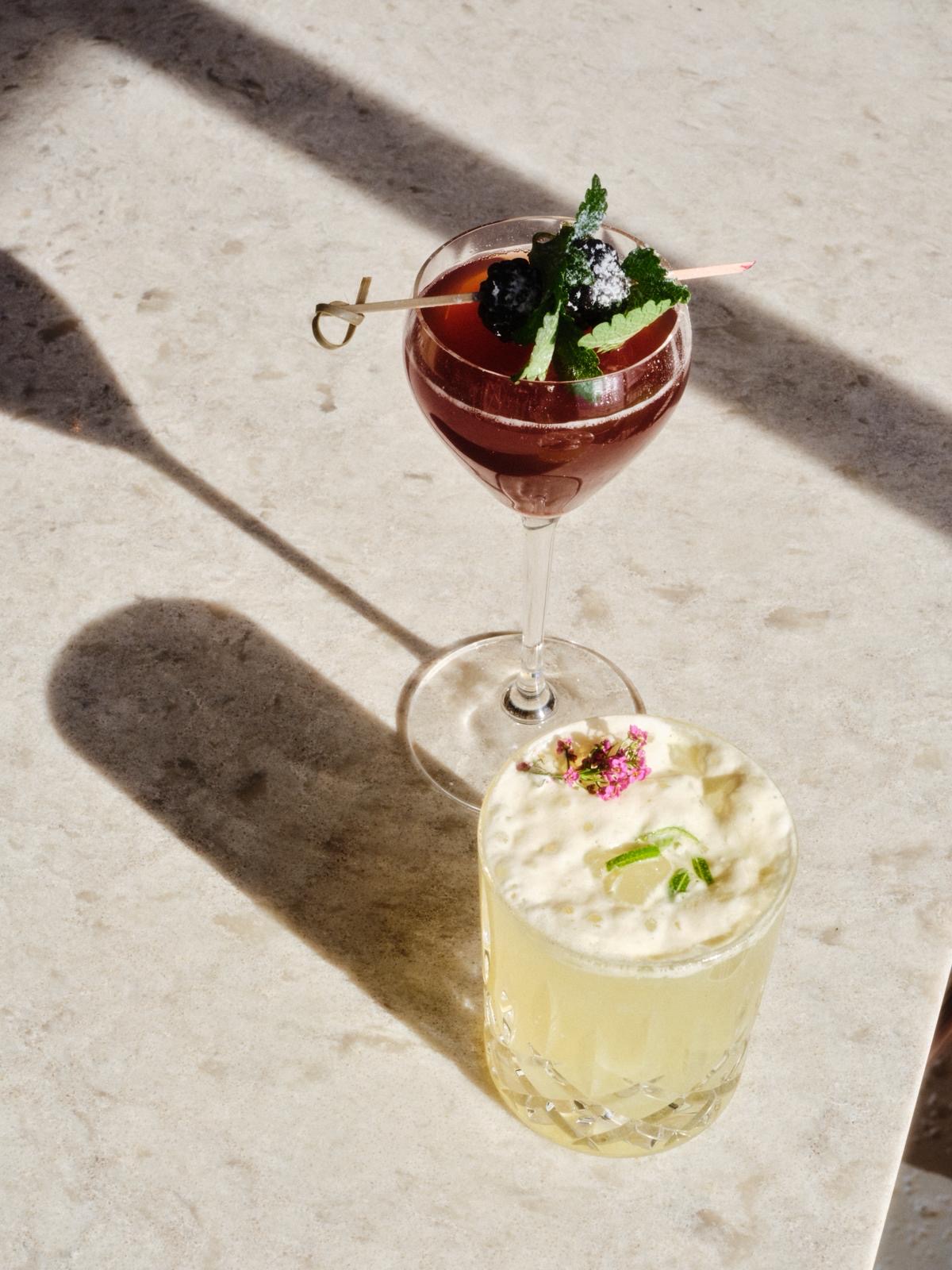 Two handcrafted cocktails at Yār on the Lake featuring blackberry and citrus flavors